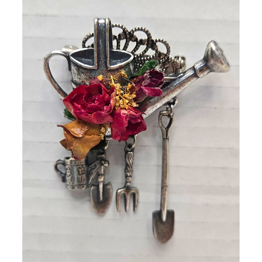 Vtg Pewter Gardening Theme Dangle Charm Brooch Pin Dried Flowers Watering Can